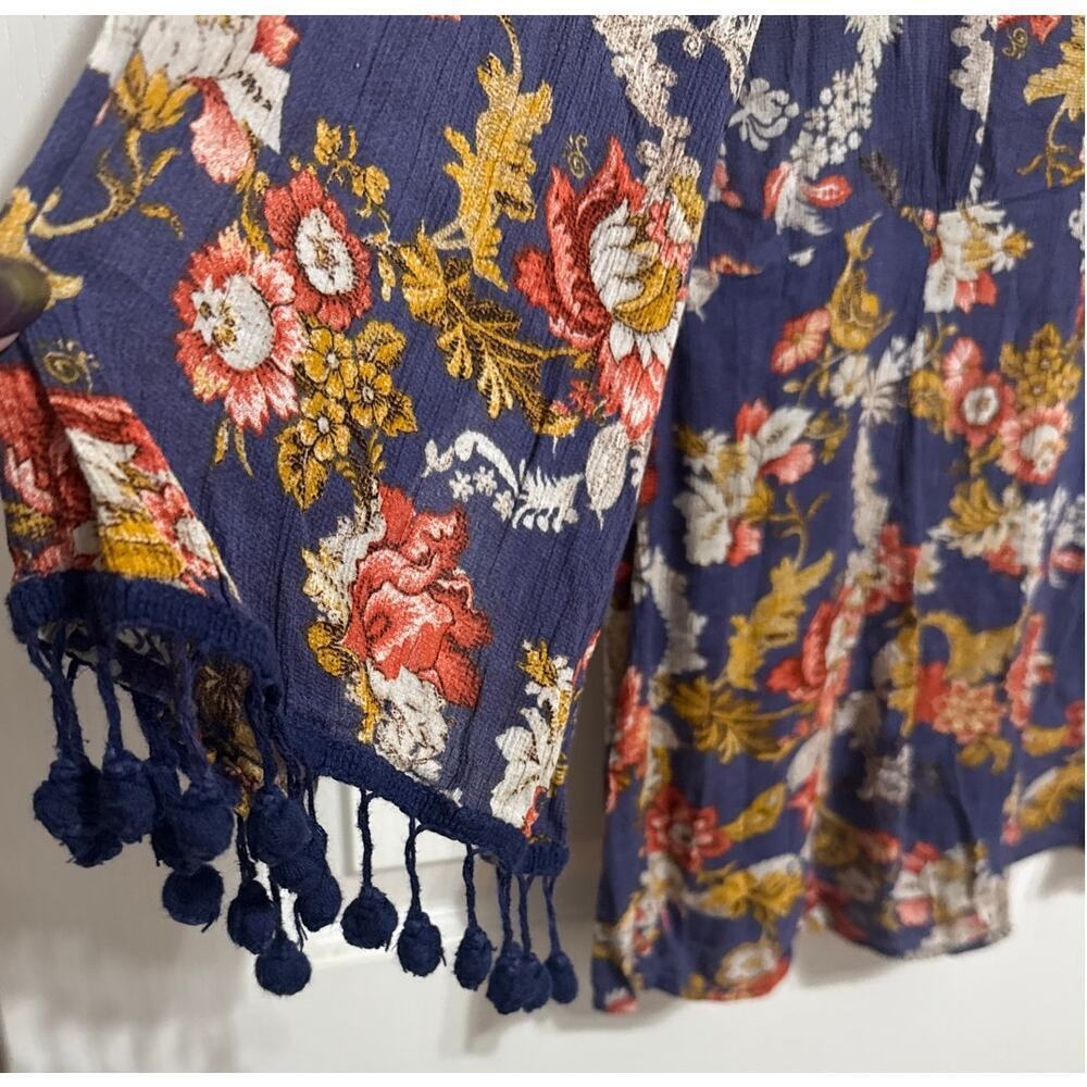Miss Me Boho Floral Peasant Blouse Multi Tie Neck Tassel Sleeve Top Womens Med - Picture 5 of 11